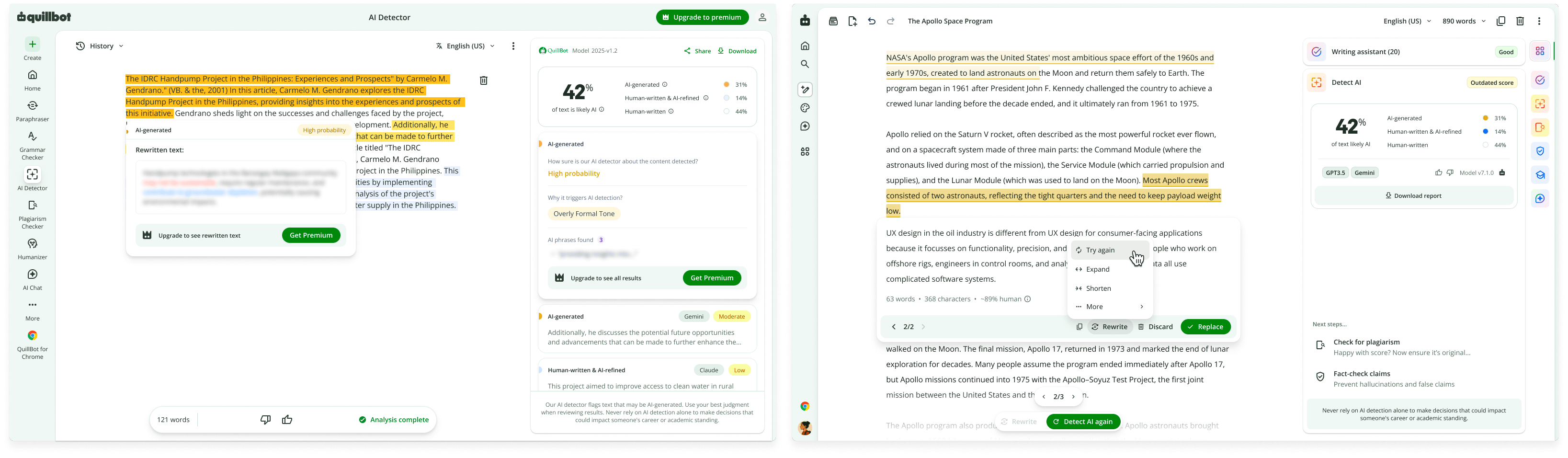Designs for the AI detector tool vs the module within the writing studio