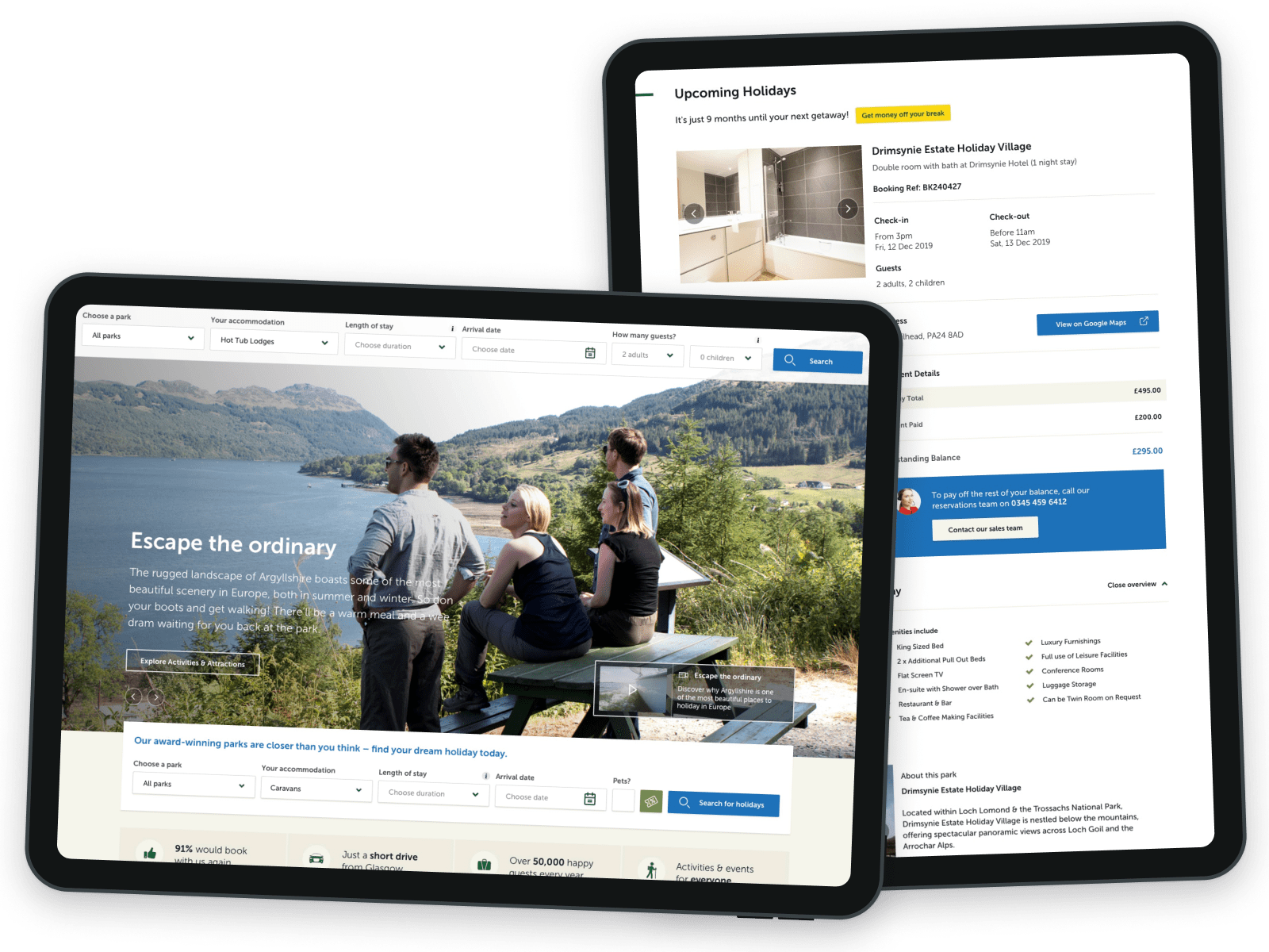 Snapshot of the homepage and holiday booking pages of the Argyll Holidays website