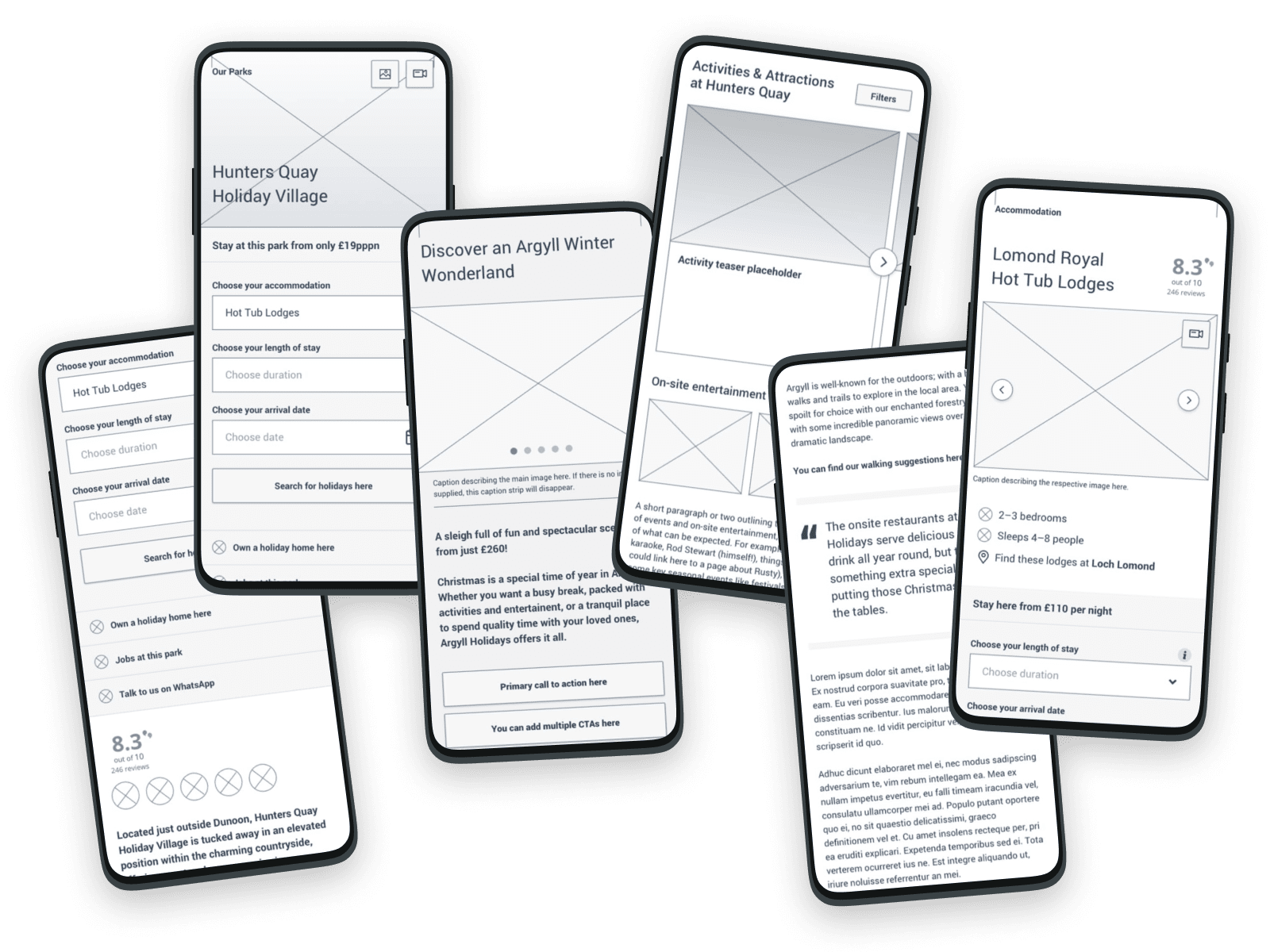 Selection of mobile wireframes of the Argyll Holidays website