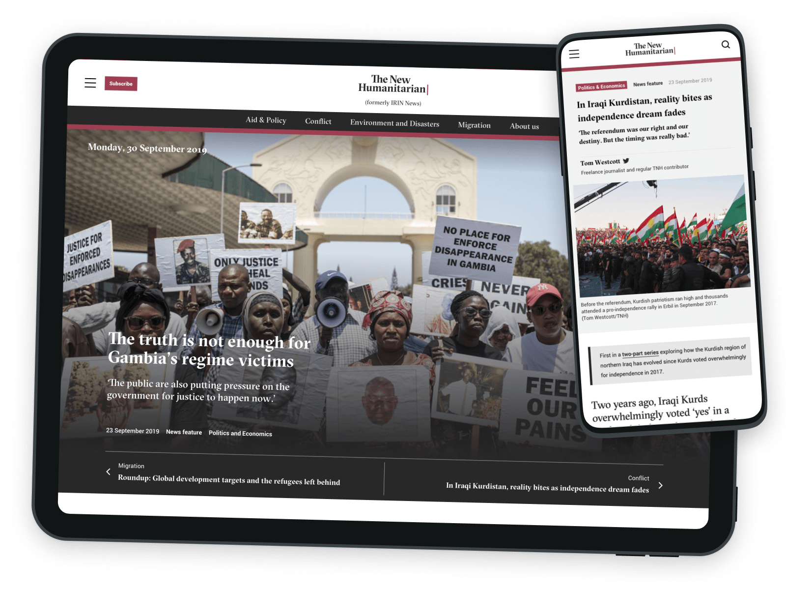 Snapshot of mobile and desktop designs for the New Humanitarian website