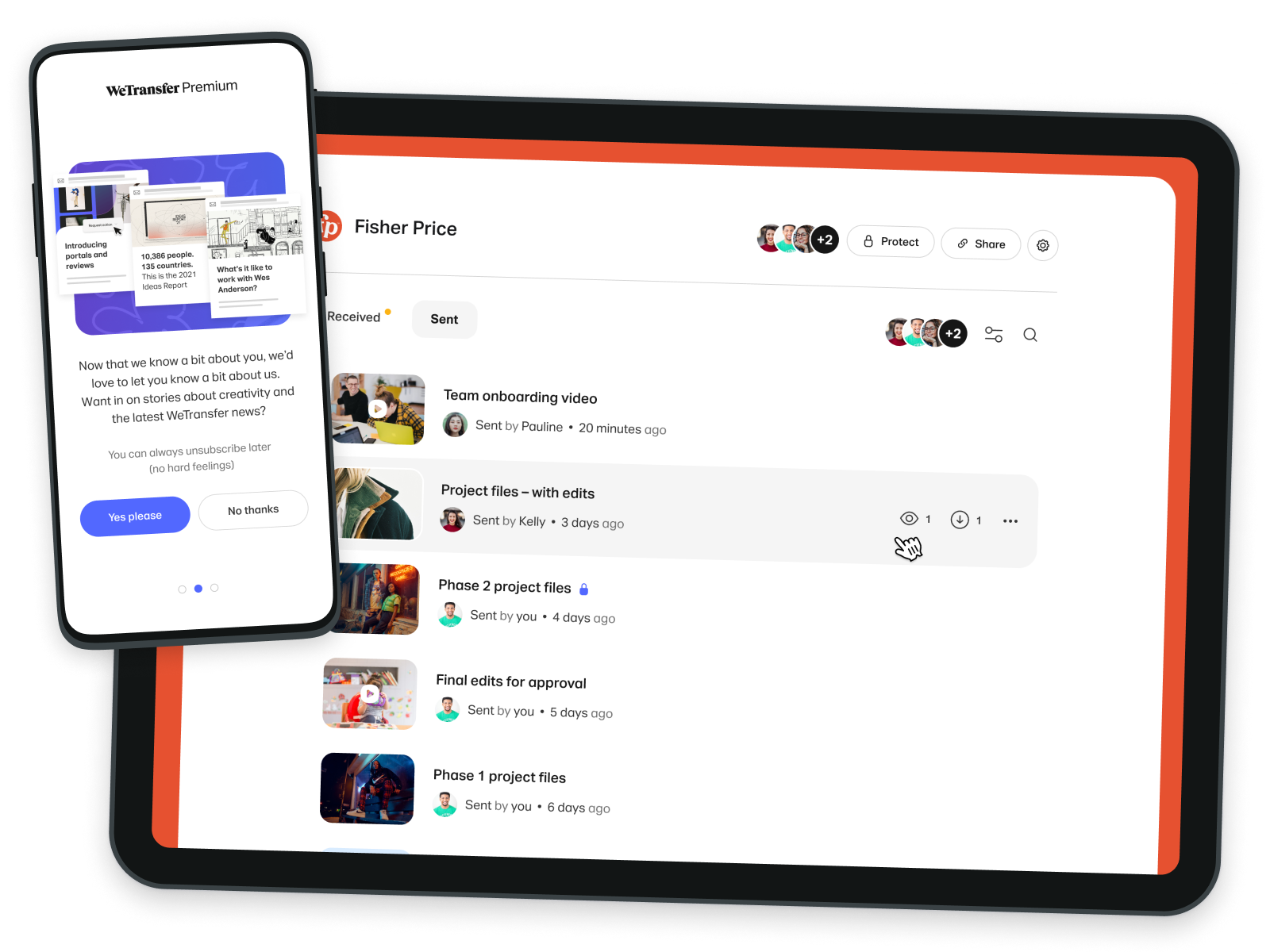 Snapshot of mobile and desktop onboarding and folder exploration designs for WeTransfer